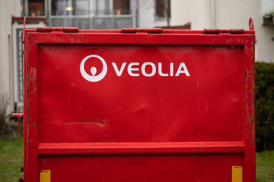 Gothenburg, Sweden - March 25 2023: Veolia logo on a red container.