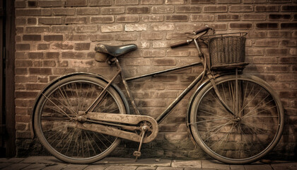Naklejka na ściany i meble An old fashioned rusty bicycle with a basket against a brick wall generated by AI