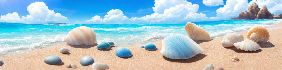 Fototapeta na wymiar Panorama of ocean beach on a sunny day with big and small shells and sea stones. Seascape illustration with sand beach, waves, turquoise water and sky with white clouds. Generative AI