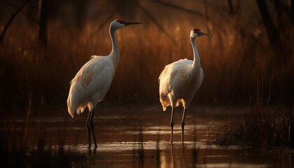 Obraz premium Silhouetted cranes standing in water, reflecting the tranquil sunset beauty generated by AI