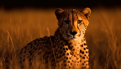 Majestic cheetah walks through the savannah, staring into sunset generated by AI