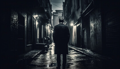 One man walking in the dark, a city lonely silhouette generated by AI