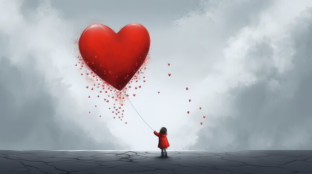 a cute little girl holding a giant big heart balloon, sad inspired illustration, ai generated image