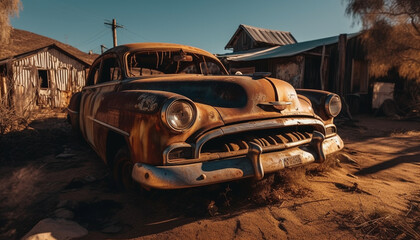 Abandoned vintage car, rusty and ruined, a relic of history generated by AI