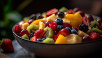 A rustic fruit salad bowl with multi colored berries and kiwi generated by AI