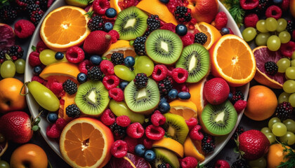 A vibrant fruit salad with kiwi, orange, strawberry, grape, raspberry, blueberry, and pineapple generated by AI