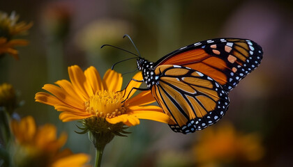 The monarch butterfly vibrant wings pollinate a single yellow daisy generated by AI