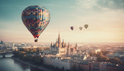 Fototapeta na wymiar Floating above the city, chasing the sunset in a balloon generated by AI