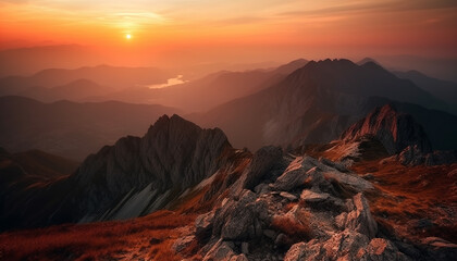 Majestic mountain peak at sunset, a tranquil scene for hiking adventures generated by AI