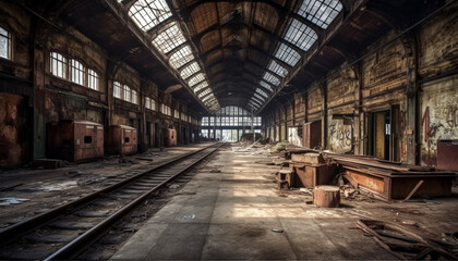 Fototapeta na wymiar Spooky old factory, a rusty vanishing point of industrial history generated by AI