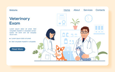 Male, female veterinarians with dog and cat examining cute animals on pet hospital background. Veterinary exam landing page. Flat line website template. Vet clinic internet page vector illustration.