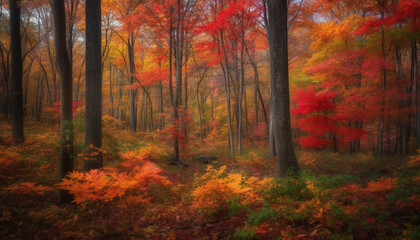 Fototapeta premium Tranquil autumn forest: vibrant colors, multi colored leaves, serene wilderness scene generated by AI