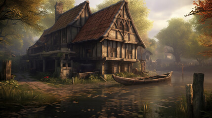 an abandoned medieval house wallpaper, ai generated image