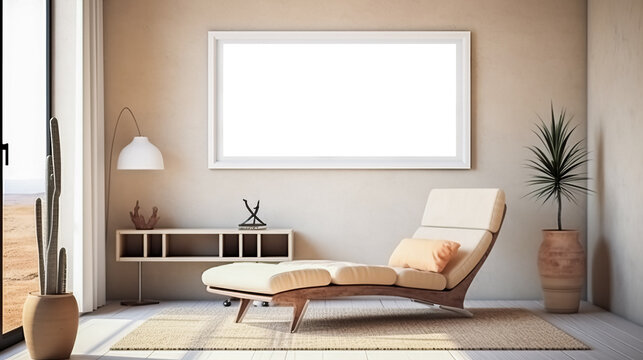 Modern living room with an empty picture frame on the wall