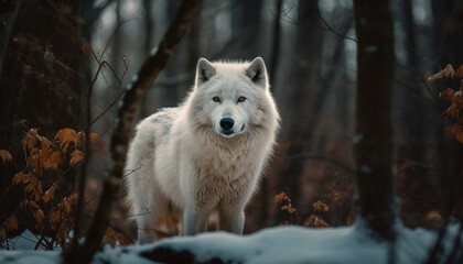 Obraz premium A cute Samoyed puppy walking in the winter forest generated by AI