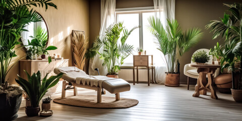 Fototapeta na wymiar Cozy wellness spa salon room, wooden furniture and plants, calm atmosphere, comfortable massage bed. Generative AI