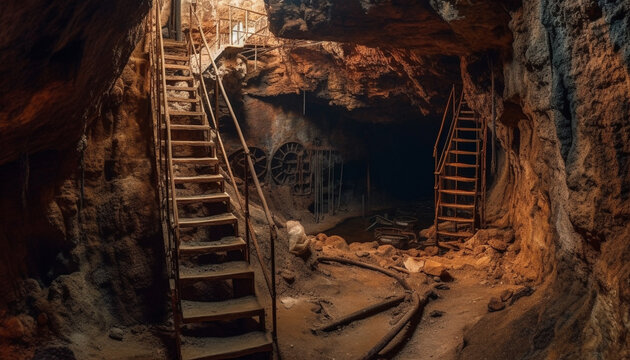 Men walking down dirty staircase in old mining industry ruins generated by AI