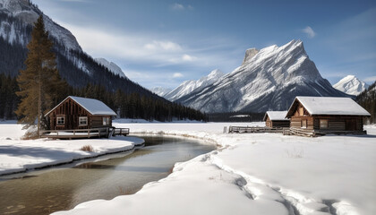 A tranquil winter day in a remote mountain chalet generated by AI