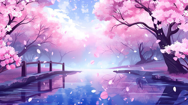 a beautiful anime inspired scene at a lake with a bridge, cherry trees around, ai generated image