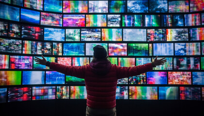One person watching futuristic movie on wide screen television set generated by AI