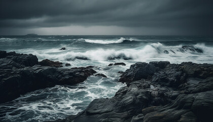 Fototapeta premium Dramatic sky, crashing waves, wet stone, beauty in nature generated by AI