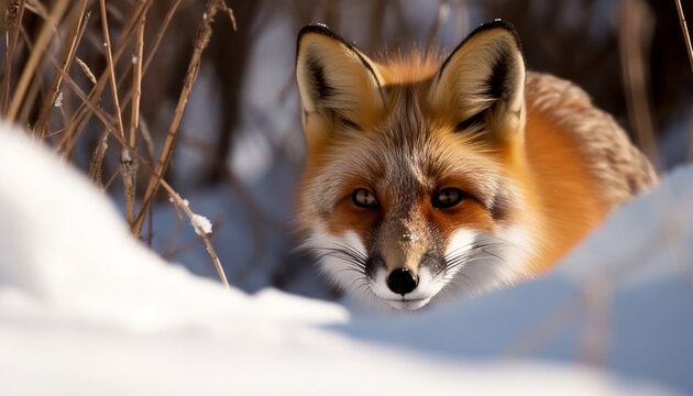 Playful red fox, fluffy fur, alertness in natural winter forest generated by AI