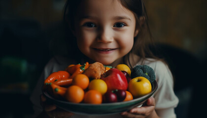 Fototapeta na wymiar A cute, smiling girl holds a fresh tomato, enjoying healthy eating generated by AI