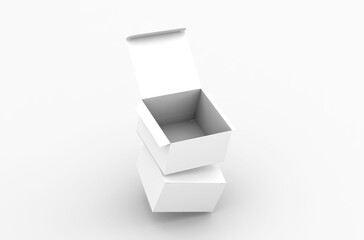 Opened square product box packaging mockup for brand advertising on a transparent background.