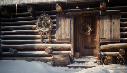 Rustic log cabin celebrates Christianity with antique decoration and lantern generated by AI