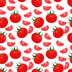 Seamless pattern with tomato whole and cut slices on white background. Fresh red vegetable tomatoes endless or repeating texture. Healthy organic vegan food. Colorful vector illustration