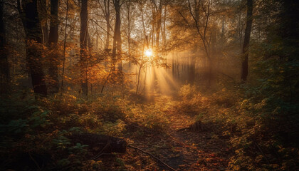 Obraz premium The tranquil forest path glows with autumn vibrant colors generated by AI