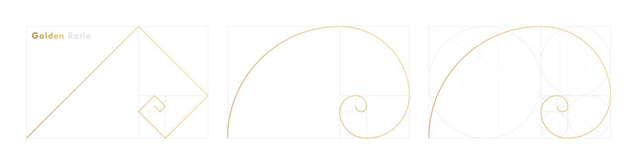 Golden ratio design template. Set of different figures and shapes in law of golden ratio. Golden spiral, golden section, Fibonacci array, Fibonacci numbers - obrazy, fototapety, plakaty