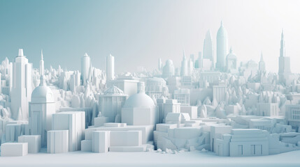 White paper skyscrapers achitectural building in panoramic view. Simple and beautiful white city background. Realistic 3D illustration. Generative AI