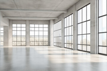 Fototapeta premium Blank white wall in concrete empty office with large windows, daylight coming through windows. Generative AI