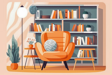 Illustration of a bright room interior with comfortable armchair in the middle and bookshelf in the background. Generative AI