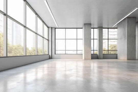 Blank white wall in concrete empty office with large windows, daylight coming through windows. Generative AI