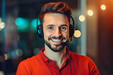 Handsome young smiley male with headphones on working on customer support. Generative AI