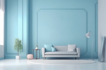 Beautiful interior of the living room with comfortable sofa in plain monochrome pastel blue color. Generative AI