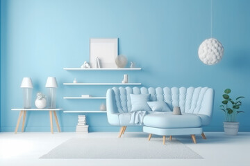 Beautiful interior of the living room with comfortable sofa in plain monochrome pastel blue color. Generative AI