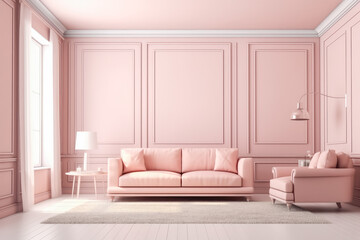 Fototapeta premium Beautiful interior of the living room with comfortable sofa in plain monochrome pastel pink color. Generative AI