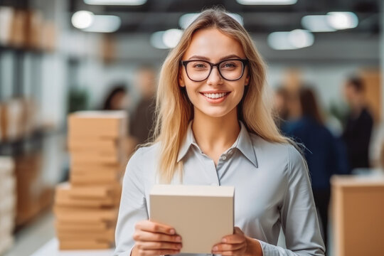 Smiley business looking secretary holding a cardboard in her hands. Generative AI