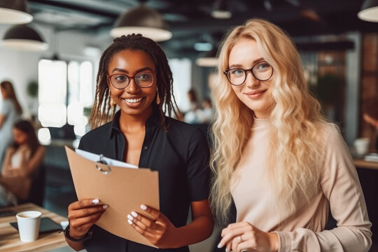 African american woman and Caucasian blond girl smiling while working in the office. Generative AI