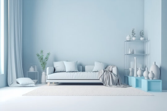 Beautiful interior of the living room with comfortable sofa in plain monochrome pastel blue color. Generative AI