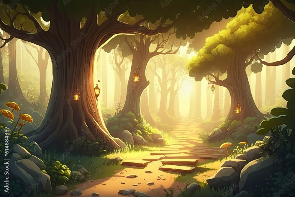 Wall mural serene forest pathway surrounded by tall trees. Generative AI