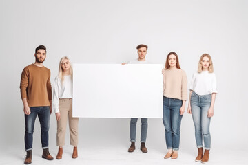 People holding up a empty white banner, studio shoot with white background