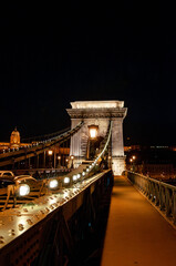 Night view of the old irradiated Chain Bridge in Budapest, Hungary. Evening city without people.