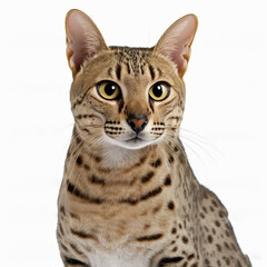Adorable savannah cat portrait looking at camera on white isolated background as concept of domestic pet in ravishing hyper realistic detail by Generative AI.