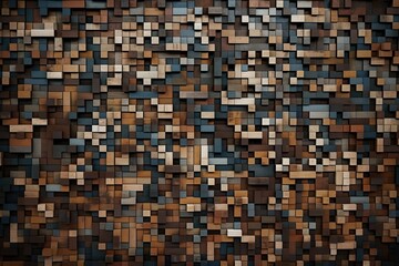 mosaic-style wall with squares in shades of brown and blue