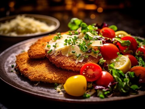 Cotoletta Alla Milanese With Its Golden-brown Breadcrumbs And A Vibrant Italian Salad On The Side