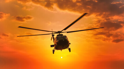 Battle helicopter flying into sunset clouds, silhouette visible only Generative AI